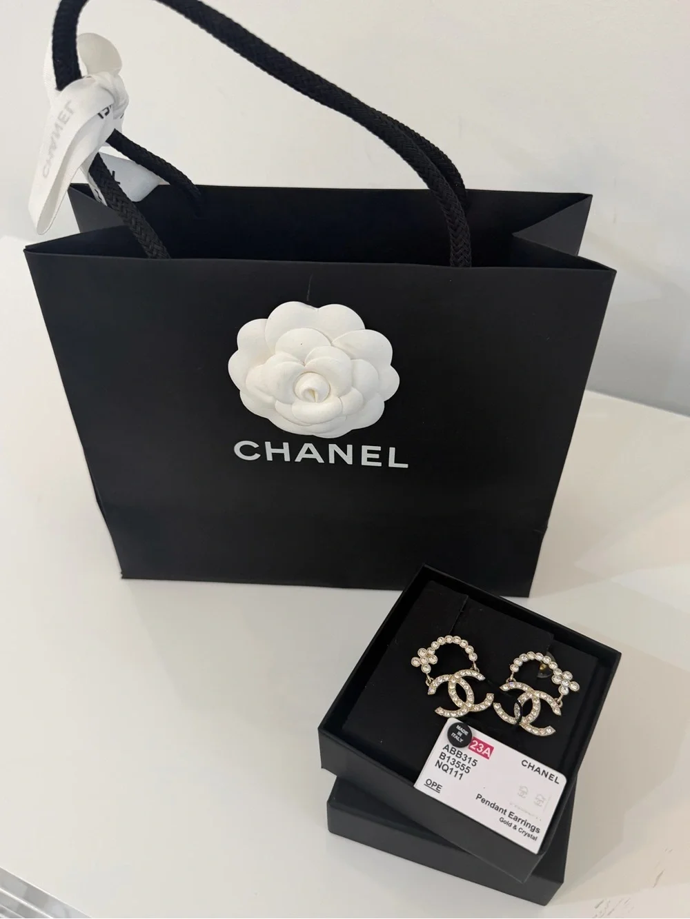 CHANEL Gold Crystal CC Pendant Earrings